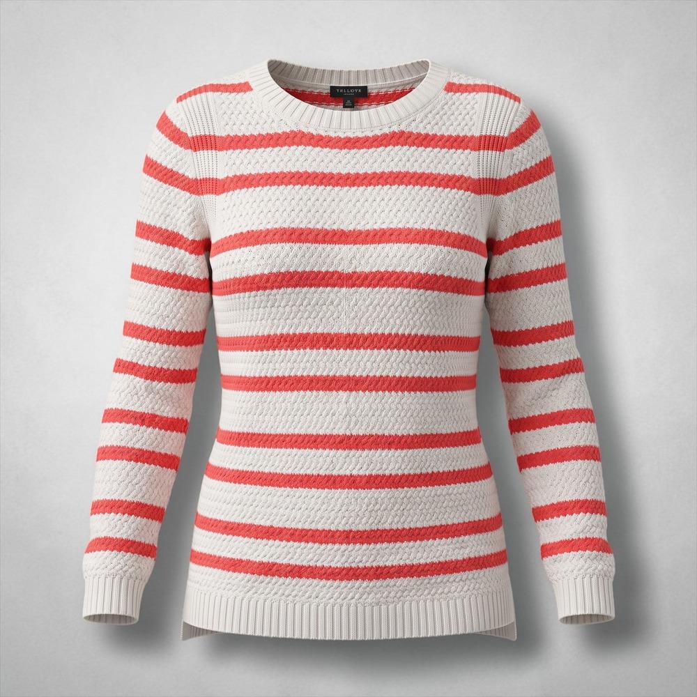 TALBOTS Coral & Beige Striped Cable Knit Crewneck Sweater, Medium Petite